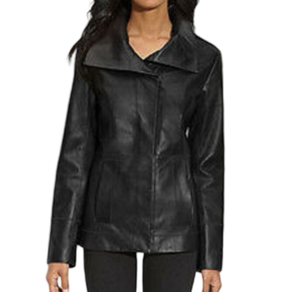 COLE HAAN Wing Collar Black Lambskin Leather Jacket Size 4